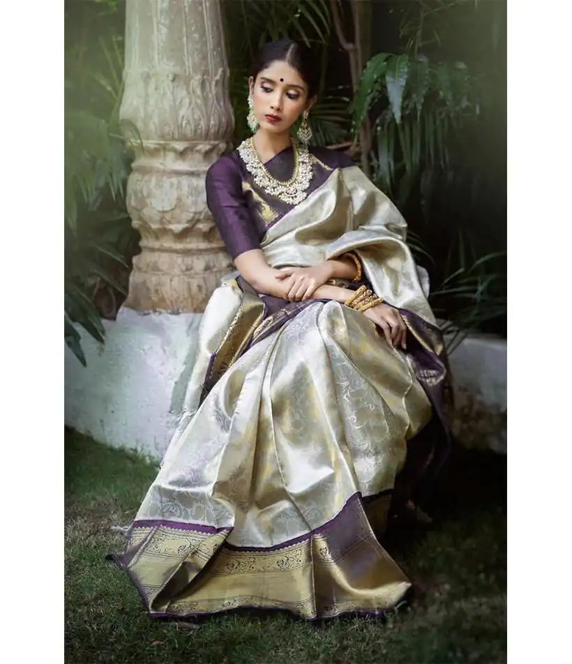 KP 3045 White & Purple Color Soft Lichi Silk Jacquard Work Saree Casual, Party Wear, Wedding, Events Etc. Expected Delivery 4-6 Working Days @1449/- | Bollywood Sarees, Creative Sarees, Designer Sarees, Embroidered Sarees, Ethnic Saree, Modern Digital sarees, Party Wear Sarees, Sarees