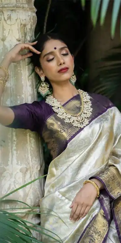 KP 3045 White & Purple Color Soft Lichi Silk Jacquard Work Saree Casual, Party Wear, Wedding, Events Etc. Expected Delivery 4-6 Working Days @1449/- | Bollywood Sarees, Creative Sarees, Designer Sarees, Embroidered Sarees, Ethnic Saree, Modern Digital sarees, Party Wear Sarees, Sarees