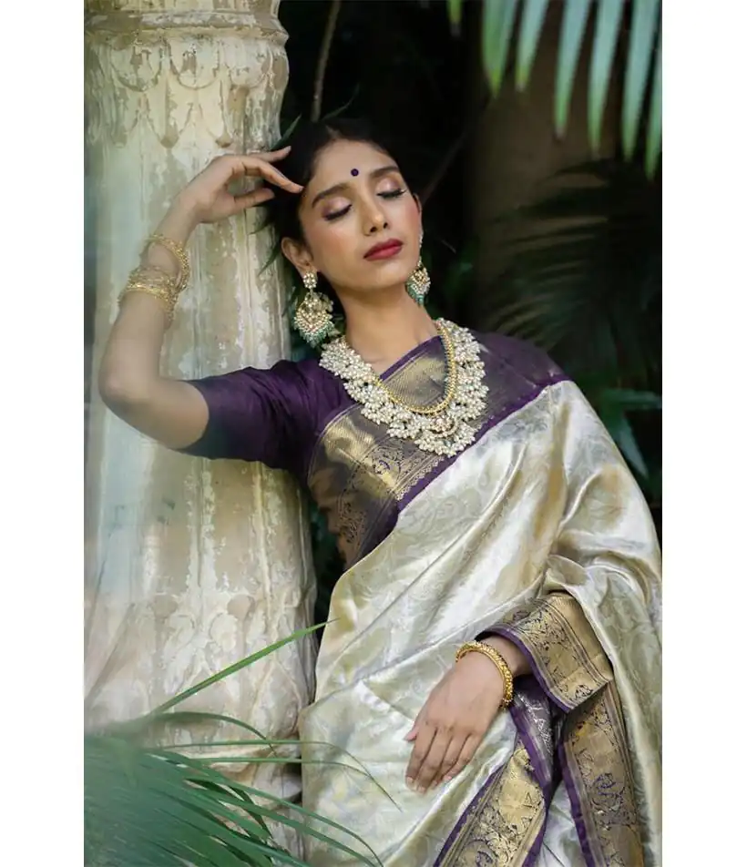 KP 3045 White & Purple Color Soft Lichi Silk Jacquard Work Saree Casual, Party Wear, Wedding, Events Etc. Expected Delivery 4-6 Working Days @1449/- | Bollywood Sarees, Creative Sarees, Designer Sarees, Embroidered Sarees, Ethnic Saree, Modern Digital sarees, Party Wear Sarees, Sarees