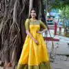 YNF5311 Yellow Color Kanjivaram Silk Zari Weaving Work Gown Casual, Wedding, Festive, Events, Designer Party Wear,  Expected Delivery 4-6 Working Days @1699 | Bollywood Gowns, Creative Gowns, Designer Gowns, Embroidered Gowns, Gowns, Party Wear Gowns