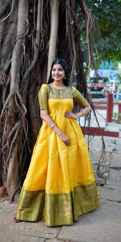 YNF5311 Yellow Color Kanjivaram Silk Zari Weaving Work Gown Casual, Wedding, Festive, Events, Designer Party Wear, Expected Delivery 4-6 Working Days @1699 | Bollywood Gowns, Creative Gowns, Designer Gowns, Embroidered Gowns, Gowns, Party Wear Gowns