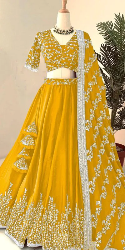 ZF 358 Yellow Color Faux Georgette With Heavy Embroidery Sequence Work Lehenga Choli Wedding, Party, Events Etc. Expected Delivery 4-6 Working Days 2099/- | Bollywood Lehenga, Creative Lehenga, Designer Lehenga, Embroidered Lehenga, Lehenga, Party Wear Lehenga