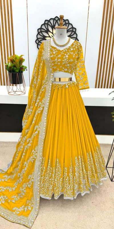 ZF 358 Yellow Color Faux Georgette With Heavy Embroidery Sequence Work Lehenga Choli Wedding, Party, Events Etc. Expected Delivery 4-6 Working Days 2099/- | Bollywood Lehenga, Creative Lehenga, Designer Lehenga, Embroidered Lehenga, Lehenga, Party Wear Lehenga