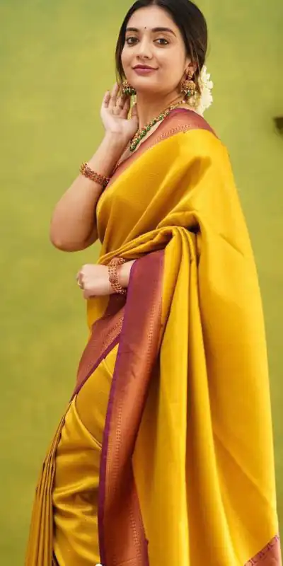 KP 4051 Yellow Color Soft Lichi Silk Cloth Rich Pallu All Over Saree Events Casual, Wedding, Festive, Events . Expected Delivery  4-6 Working Days @1399/- | Bollywood Sarees, Creative Sarees, Designer Sarees, Embroidered Sarees, Ethnic Saree, Modern Digital sarees, Party Wear Sarees, Sarees