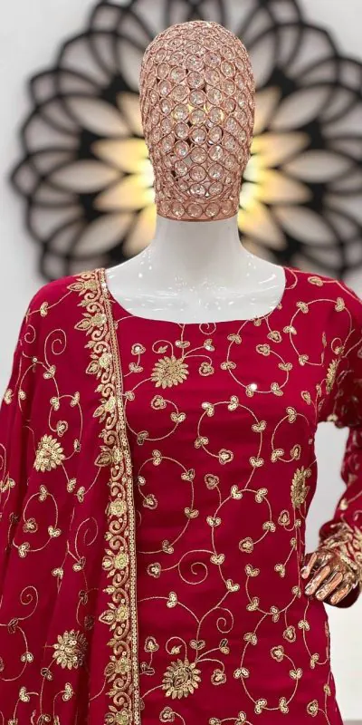 SSR 457 Red Vichitra Silk Embroidery Sequence Work Sleeve Dhoti Stael Sharara Suit Wedding, Party, Festive, Events Expected Delivery 4-6 Working Days @2199/- | Casual Suits, Creative suits, Designer Suits, Palazzo Suits, Party Wear Suits, Salwar suit, Straight Suits