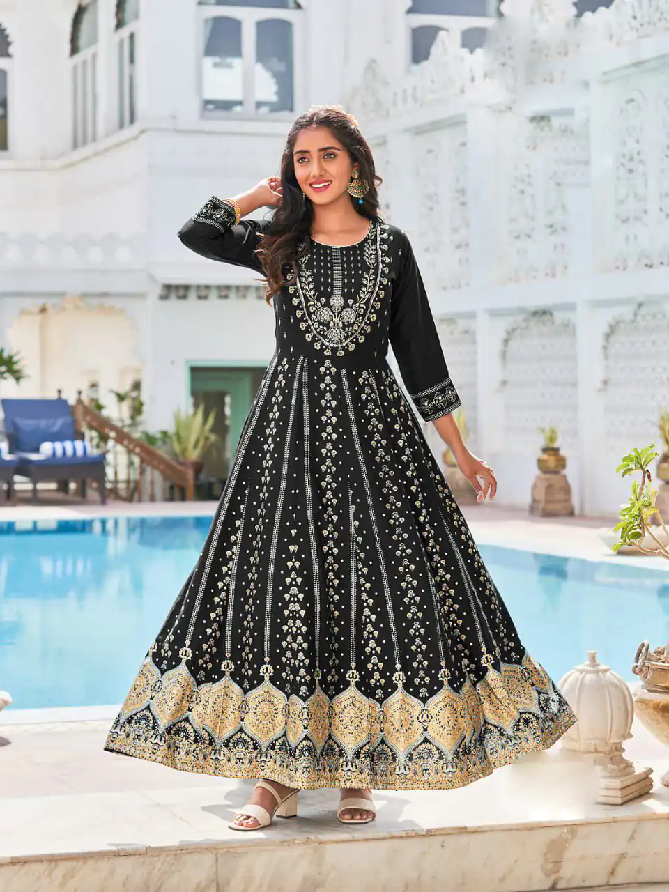 INLI Anarkali Black Color Heavy 14 Kg Rayon Printed Work Kurti Casual, Wedding, Party, Festive, Events Etc. Expected Delivery 4-6 Working Days @1699/- | Bollywood Kurti, Creative Kurtis, Designer Kurti, Kurti, Party Wear Kurti, Selfie Kurti