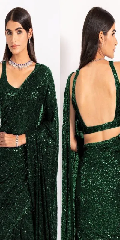 KT 250 Green Color Georgette Fancy Sequence Work Saree Blouse: Bangalore Silk Casual, Party Wear, Wedding   Expected Delivery 4-6 Working Days@1799/- | Bollywood Sarees, Creative Sarees, Designer Sarees, Embroidered Sarees, Party Wear Sarees, Sarees