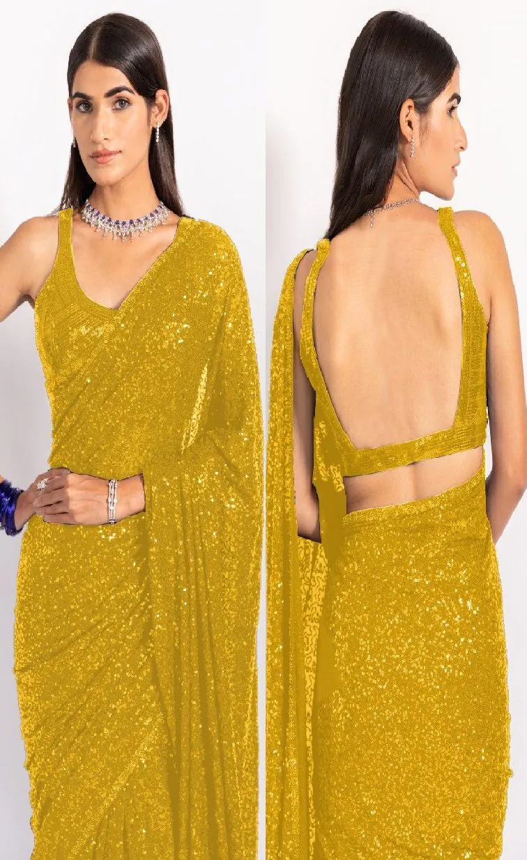 KT 250 Yellow Color Georgette Fancy Sequence Work Saree Blouse: Bangalore Silk Casual, Party Wear, Wedding   Expected Delivery 4-6 Working Days@1799/- | Bollywood Sarees, Creative Sarees, Designer Sarees, Embroidered Sarees, Party Wear Sarees, Sarees