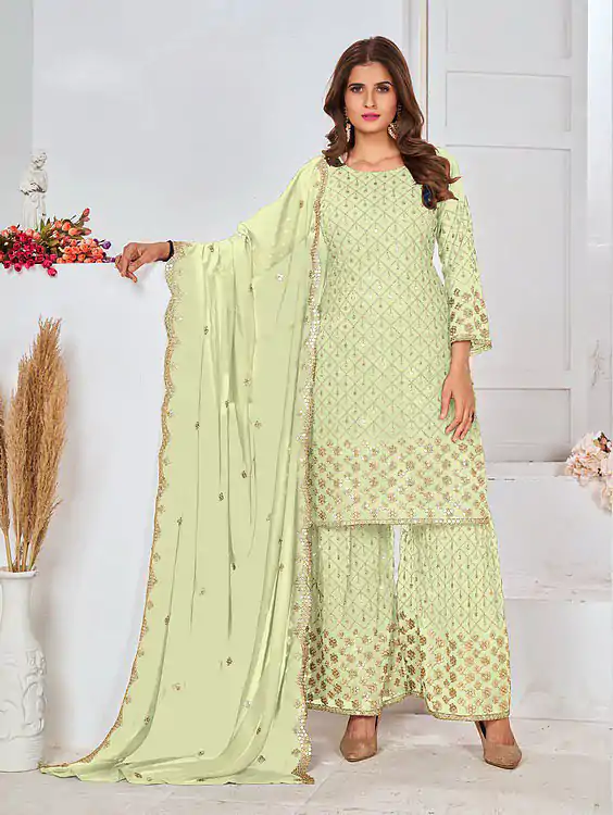 FC 5609 Light Green Color Cute Light Green Color Georgette Embroidery Stone Sharara Suit Wedding, Party, Festive Expected Delivery 4-6 Working Days  @2199/- | Jump Suits, Casual Suits, Creative suits, Designer Suits, Palazzo Suits, Party Wear Suits, Patiala Suits, Salwar suit, Straight Suits
