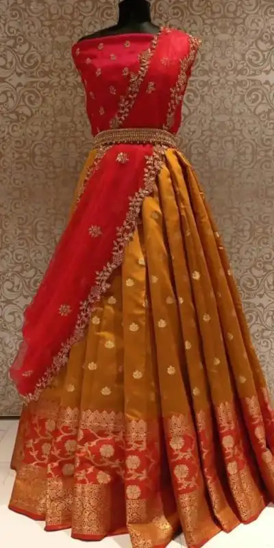 MS 77 Orange Color Kanjivaram Silk Jacquard Zari Work Lehenga Choli Casual, Party Wear, Wedding, Events, Etc. Expected Delivery 4-6 Working Days 1499/- | Bollywood Lehenga, Creative Lehenga, Designer Lehenga, Embroidered Lehenga, Lehenga, Party Wear Lehenga