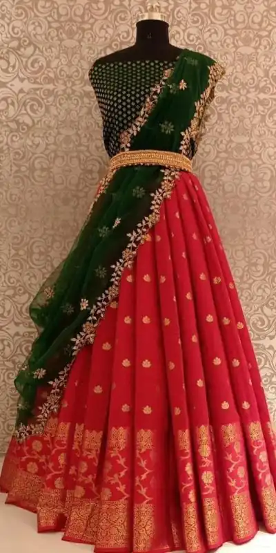 MS 77 Red Color Kanjivaram Silk Jacquard Zari Work Lehenga Choli Casual, Party Wear, Wedding, Events, Etc. Expected Delivery 4-6 Working Days 1499/- | Bollywood Lehenga, Creative Lehenga, Designer Lehenga, Embroidered Lehenga, Lehenga, Party Wear Lehenga