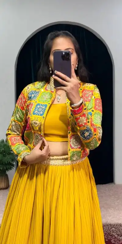 ST 1044 Yellow Color Georgette Zari Kashmiri Mirror Lehenga Choli Casual, Wedding, Party, Festive, Events Etc. Expected Delivery 4-6 Working Days @2049/- | Bollywood Lehenga, Creative Lehenga, Designer Lehenga, Embroidered Lehenga, Lehenga, Party Wear Lehenga