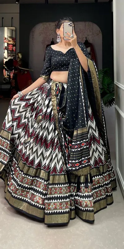 LNB1683 Black Color Tussar Silk Leheriya Foil Print Lehenga Choli Gotta Patti Lace Festive Party Wedding, Events etc. Delivery 4-6 Working Days @2199 | Bollywood Lehenga, Creative Lehenga, Designer Lehenga, Embroidered Lehenga, Lehenga, Party Wear Lehenga