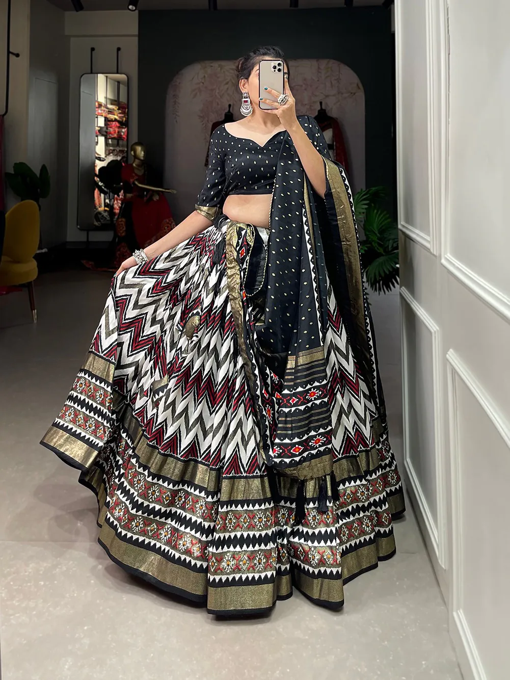 LNB1683 Black Color Tussar Silk Leheriya Foil Print Lehenga Choli Gotta Patti Lace Festive Party Wedding, Events etc. Delivery 4-6 Working Days @2199 | Bollywood Lehenga, Creative Lehenga, Designer Lehenga, Embroidered Lehenga, Lehenga, Party Wear Lehenga