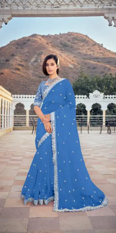 KT 244 Blue Color Bright Organza Silk Sequence Work Saree Blouse: Bangalore Silk Casual, Party Wear, Wedding   Expected Delivery 4-6 Working Days@1899/- | Bollywood Sarees, Creative Sarees, Designer Sarees, Embroidered Sarees, Party Wear Sarees, Sarees