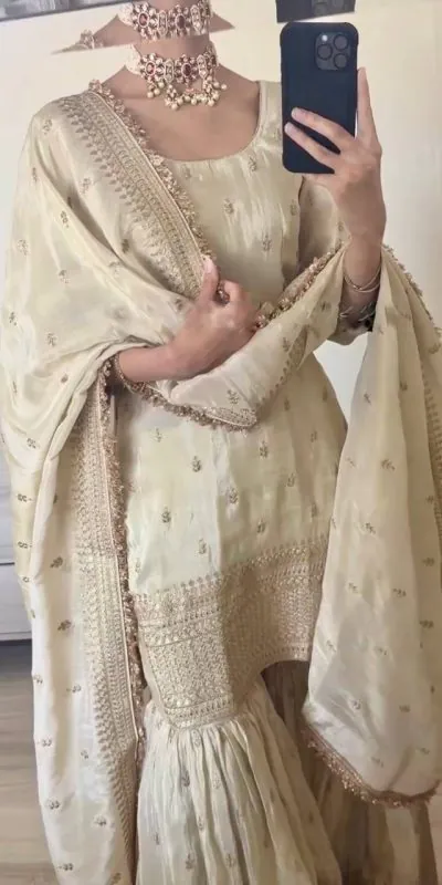 SRK-5143 Off White Color Pure Chinnon Silk Embroidery Sequence Salwar Suit Wedding, Party, Festive, Events Expected Delivery 4-6 Working Days @ 2150/- | Jump Suits, Casual Suits, Creative suits, Designer Suits, Palazzo Suits, Party Wear Suits, Patiala Suits, Salwar suit, Straight Suits