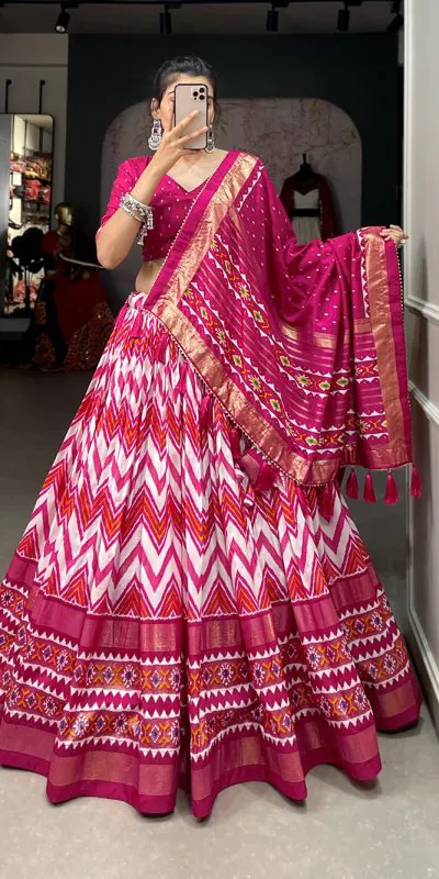 LNB1683 Pink Color Tussar Silk Leheriya Foil Print Lehenga Choli Gotta Patti Lace Festive Party Wedding, Events etc. Delivery 4-6 Working Days @2199 | Bollywood Lehenga, Creative Lehenga, Designer Lehenga, Embroidered Lehenga, Lehenga, Party Wear Lehenga