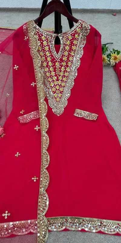 NSR 784 Red Color Georgette Embroidery Sequence Mirror Hand Work Salwar Suit Casual, Party Festive, Events Etc. Expected Delivery 4-6 Working Days @2050/- | Jump Suits, Casual Suits, Creative suits, Designer Suits, Palazzo Suits, Party Wear Suits, Patiala Suits, Salwar suit, Straight Suits