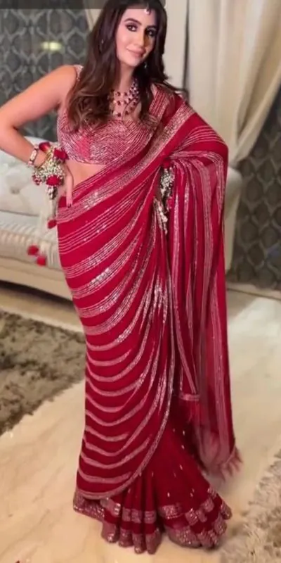 JR 607 Red Color Georgette Embroidery Pallu Scat Saree Blouse Mono Silk Embroidery Casual, Wedding, Festive, Events Expected Delivery 4-6 Working Days @1649 | Bollywood Sarees, Creative Sarees, Designer Sarees, Embroidered Sarees, Ethnic Saree, Modern Digital sarees, Party Wear Sarees, Sarees