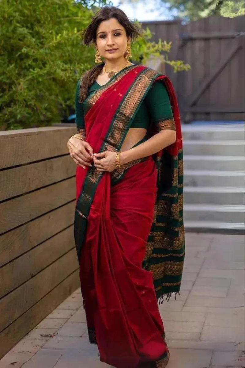 KP - 5044 Red Color Soft Lichi Silk Jacquard On All Over Saree Casual, Party Wear, Wedding, Events Etc. Expected Delivery 4-6 Working Days @1449/- | Embroidered Sarees, Bollywood Sarees, Creative Sarees, Designer Sarees, Ethnic Saree, Modern Digital sarees, Party Wear Sarees, Sarees
