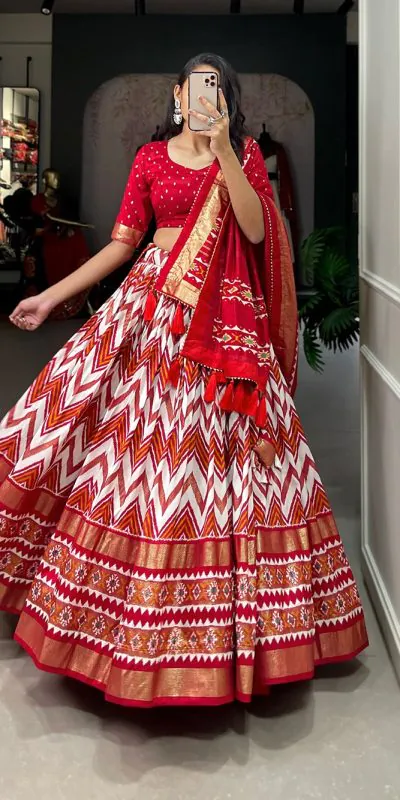 LNB1683 Red Color Tussar Silk Leheriya Foil Print Lehenga Choli Gotta Patti Lace Festive Party Wedding, Events etc. Delivery 4-6 Working Days @2199 | Bollywood Lehenga, Creative Lehenga, Designer Lehenga, Embroidered Lehenga, Lehenga, Party Wear Lehenga