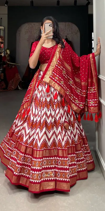 LNB1683 Red Color Tussar Silk Leheriya Foil Print Lehenga Choli Gotta Patti Lace Festive Party Wedding, Events etc. Delivery 4-6 Working Days @2199 | Bollywood Lehenga, Creative Lehenga, Designer Lehenga, Embroidered Lehenga, Lehenga, Party Wear Lehenga