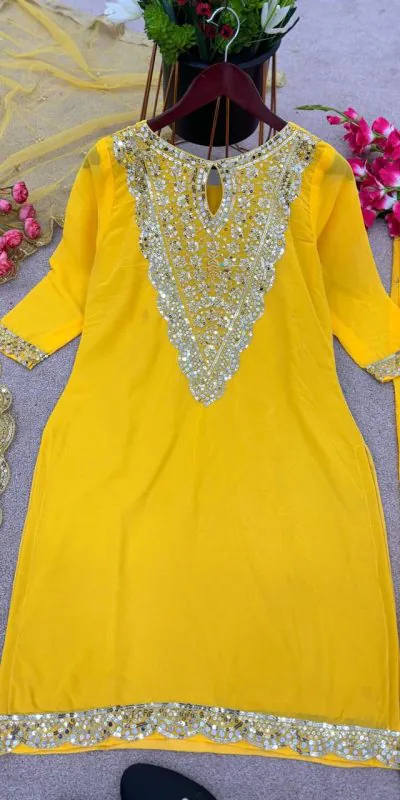 NSR 784 Yellow Color Georgette Embroidery Sequence Mirror Hand Work Salwar Suit Casual, Party Festive, Events Etc. Expected Delivery 4-6 Working Days @2050/ | Jump Suits, Casual Suits, Creative suits, Designer Suits, Palazzo Suits, Party Wear Suits, Patiala Suits, Salwar suit, Straight Suits