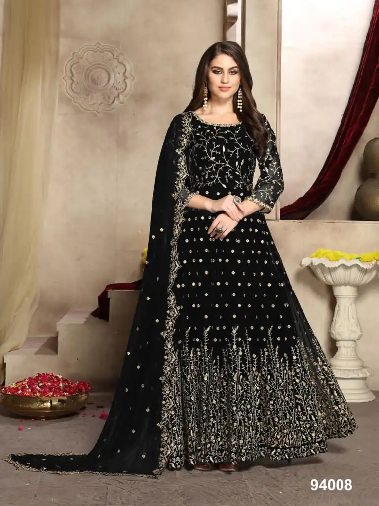  FC 94003 Black Color Georgette Multi Thread Zari Stich Anarkali Suit Wedding, Party, Festive events, etc. Expected Delivery  4-6 Working Days @2149/- | Anarkali Suits, Bollywood Anarkali, Creative-Anarkali, Designer Anarkali, Embroidered Anarkali, Party Wear Anarkali