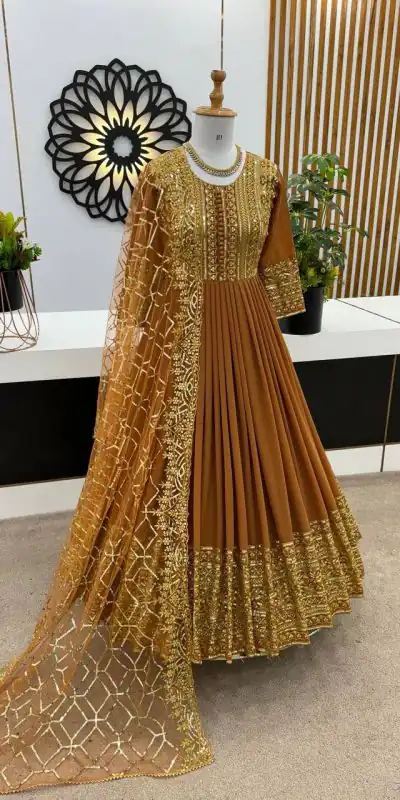 ZSR 3059 Mustard Color Georgette Embroidery Sequence Work Gown Casual, Wedding, Party, Festive, Events Etc. Expected Delivery 4-6 Working Days 2049/- | Bollywood Gowns, Creative Gowns, Designer Gowns, Embroidered Gowns, Gowns, Party Wear Gowns