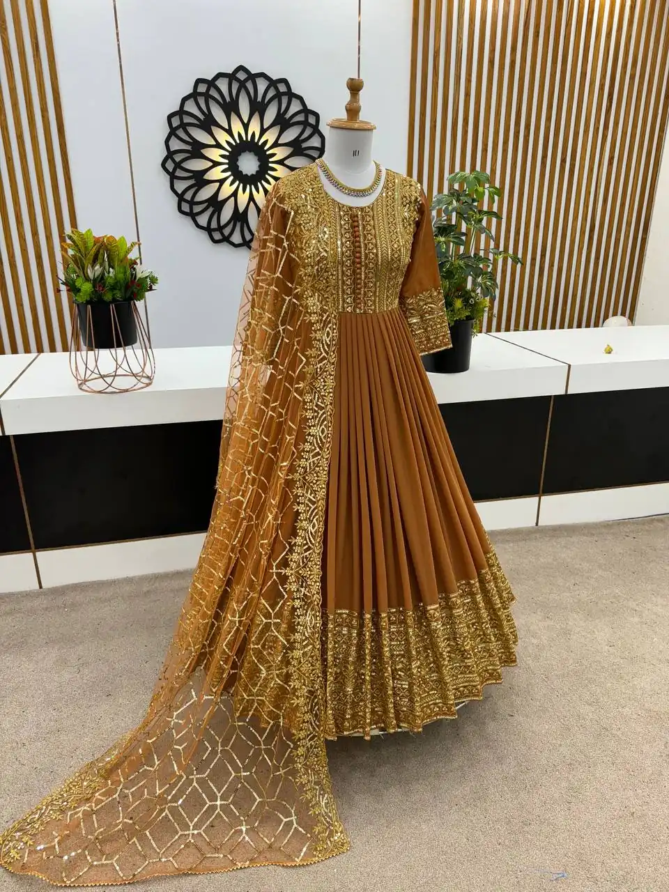 ZSR 3059 Mustard Color Georgette Embroidery Sequence Work Gown Casual, Wedding, Party, Festive, Events Etc. Expected Delivery 4-6 Working Days 2049/- | Bollywood Gowns, Creative Gowns, Designer Gowns, Embroidered Gowns, Gowns, Party Wear Gowns