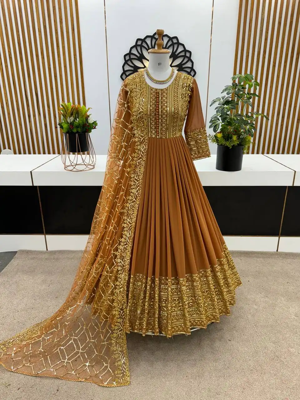 ZSR 3059 Mustard Color Georgette Embroidery Sequence Work Gown Casual, Wedding, Party, Festive, Events Etc. Expected Delivery 4-6 Working Days 2049/- | Bollywood Gowns, Creative Gowns, Designer Gowns, Embroidered Gowns, Gowns, Party Wear Gowns