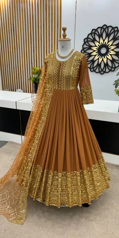 ZSR 3059 Mustard Color Georgette Embroidery Sequence Work Gown Casual, Wedding, Party, Festive, Events Etc. Expected Delivery 4-6 Working Days 2049/- | Bollywood Gowns, Creative Gowns, Designer Gowns, Embroidered Gowns, Gowns, Party Wear Gowns