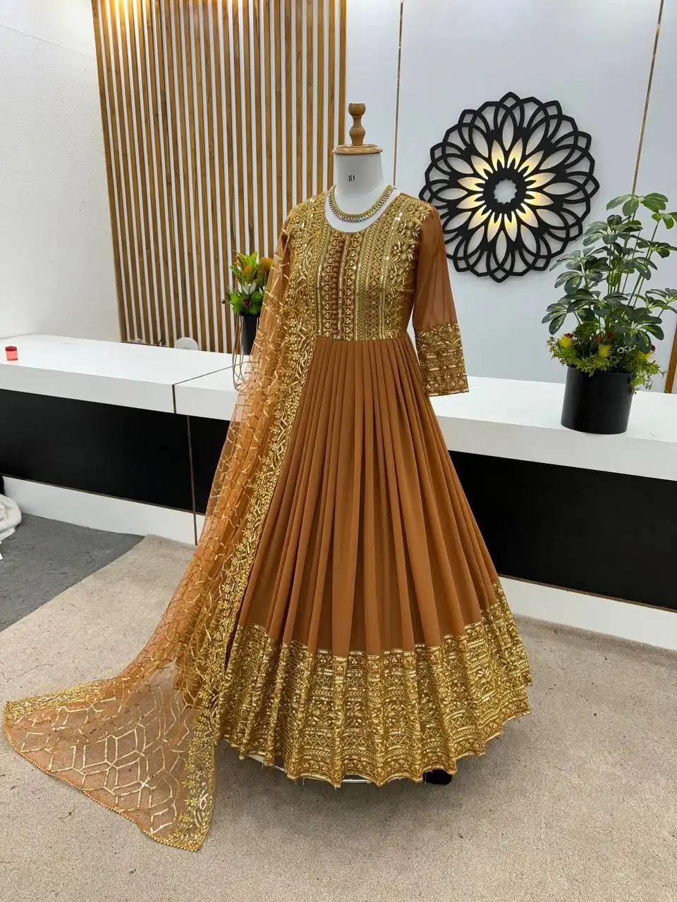 ZSR 3059 Mustard Color Georgette Embroidery Sequence Work Gown Casual, Wedding, Party, Festive, Events Etc. Expected Delivery 4-6 Working Days 2049/- | Bollywood Gowns, Creative Gowns, Designer Gowns, Embroidered Gowns, Gowns, Party Wear Gowns