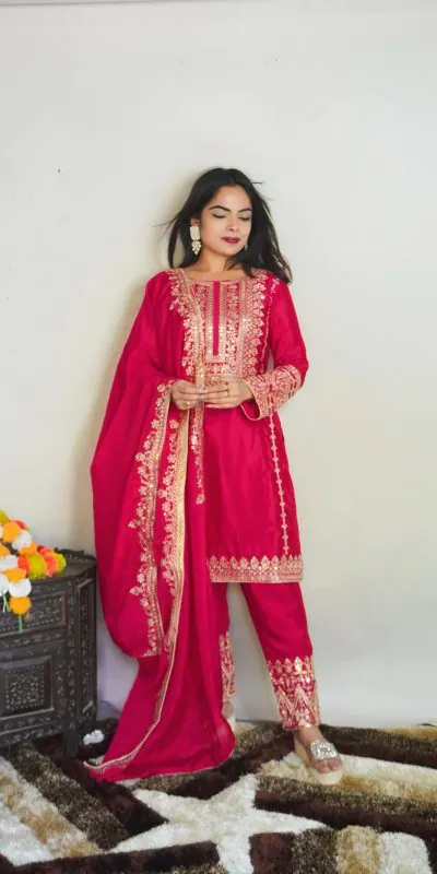 SRK 5151 Pink  Color Pure Chinnon Silk Embroidery Sequence Salwar Suit Wedding, Party, Festive, Events Expected Delivery 4-6 Working Days @ 1949/- | Casual Suits, Creative suits, Jump Suits, Designer Suits, Palazzo Suits, Party Wear Suits, Patiala Suits, Salwar suit, Straight Suits