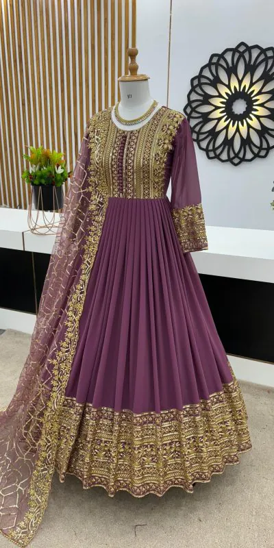 ZSR 3059 Purple Color Georgette Embroidery Sequence Work Gown Casual, Wedding, Party, Festive, Events Etc. Expected Delivery 4-6 Working Days 2049/- | Bollywood Gowns, Creative Gowns, Designer Gowns, Embroidered Gowns, Gowns, Party Wear Gowns