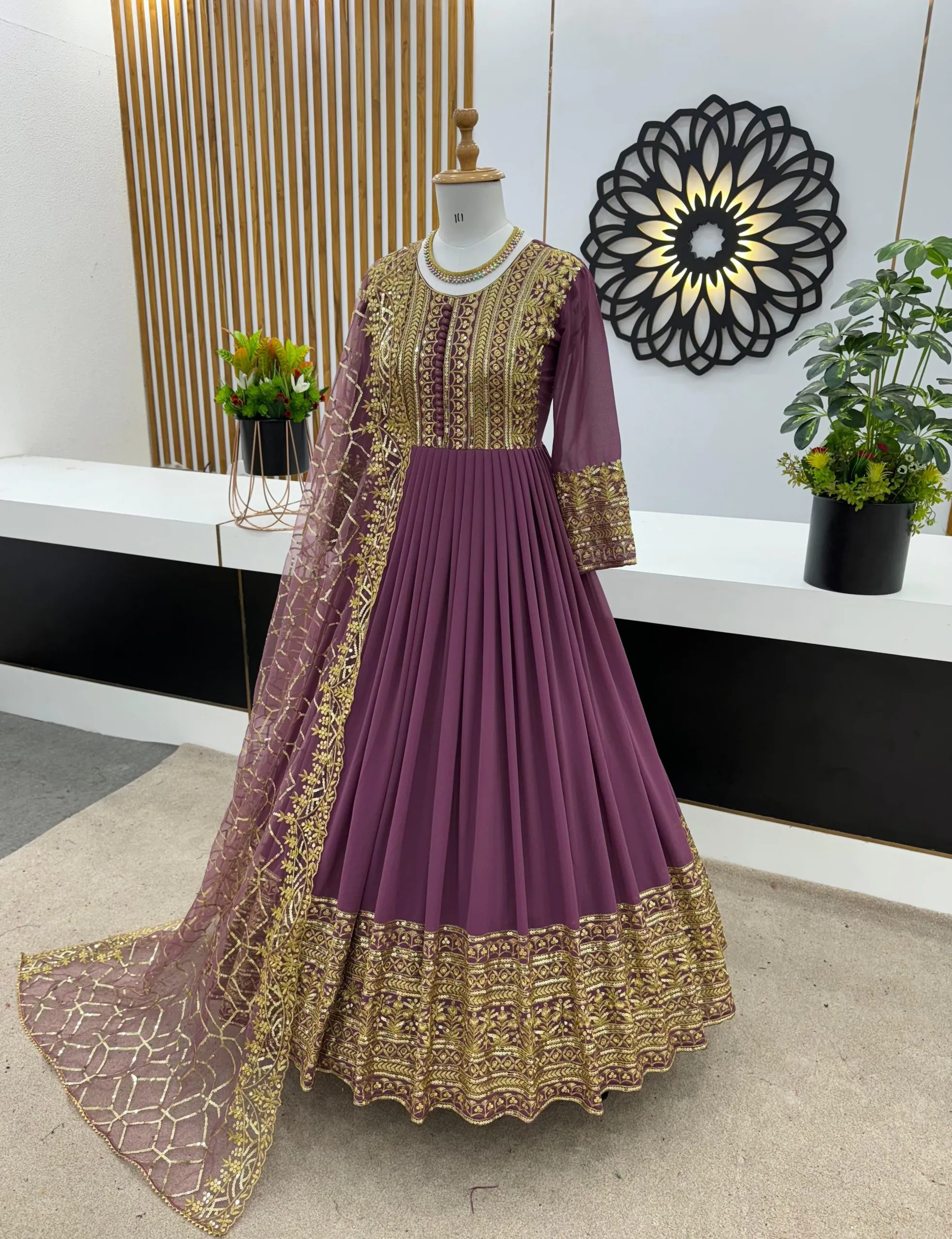 ZSR 3059 Purple Color Georgette Embroidery Sequence Work Gown Casual, Wedding, Party, Festive, Events Etc. Expected Delivery 4-6 Working Days 2049/- | Bollywood Gowns, Creative Gowns, Designer Gowns, Embroidered Gowns, Gowns, Party Wear Gowns