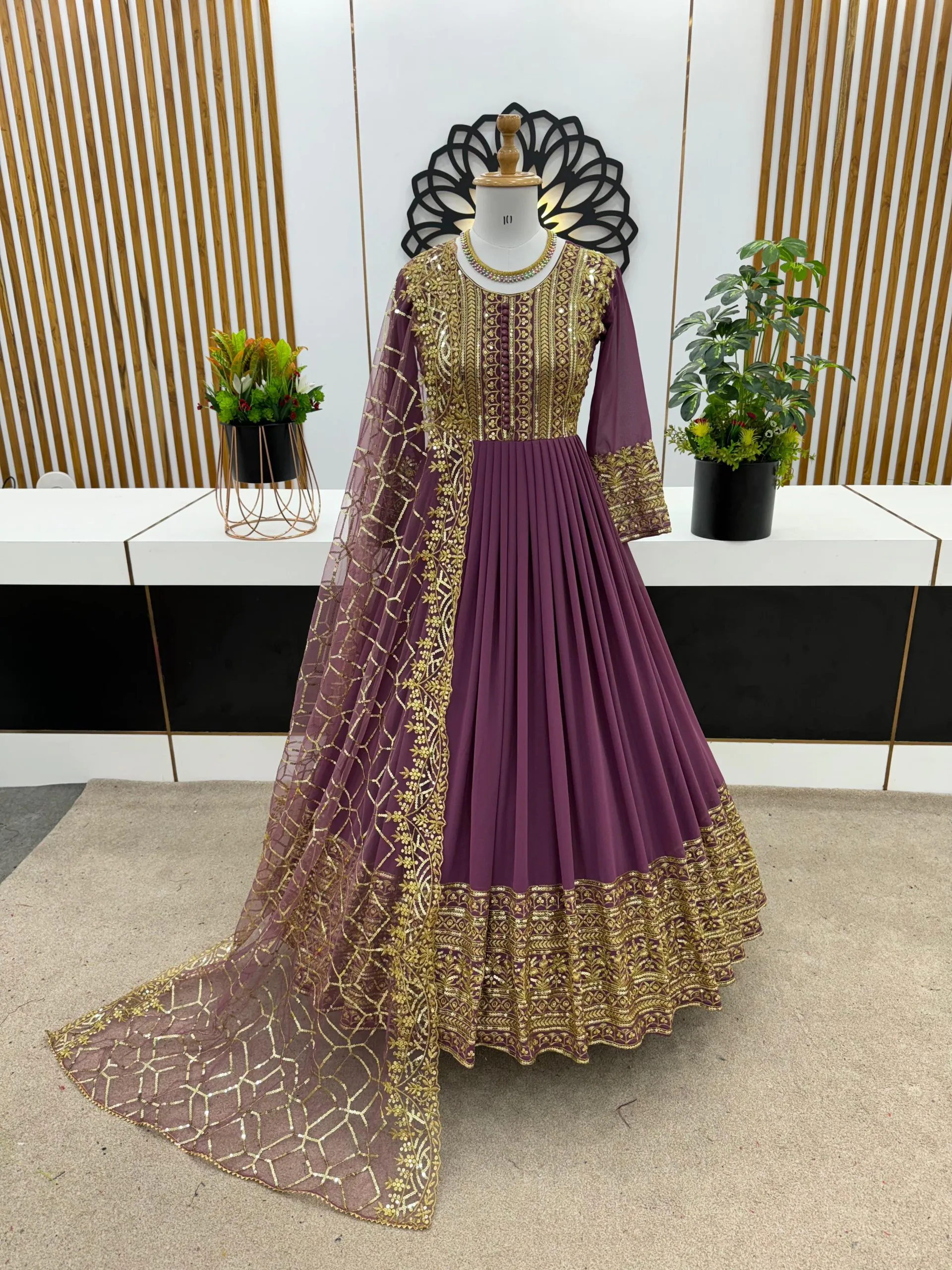 ZSR 3059 Purple Color Georgette Embroidery Sequence Work Gown Casual, Wedding, Party, Festive, Events Etc. Expected Delivery 4-6 Working Days 2049/- | Bollywood Gowns, Creative Gowns, Designer Gowns, Embroidered Gowns, Gowns, Party Wear Gowns
