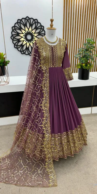 ZSR 3059 Purple Color Georgette Embroidery Sequence Work Gown Casual, Wedding, Party, Festive, Events Etc. Expected Delivery 4-6 Working Days 2049/- | Bollywood Gowns, Creative Gowns, Designer Gowns, Embroidered Gowns, Gowns, Party Wear Gowns