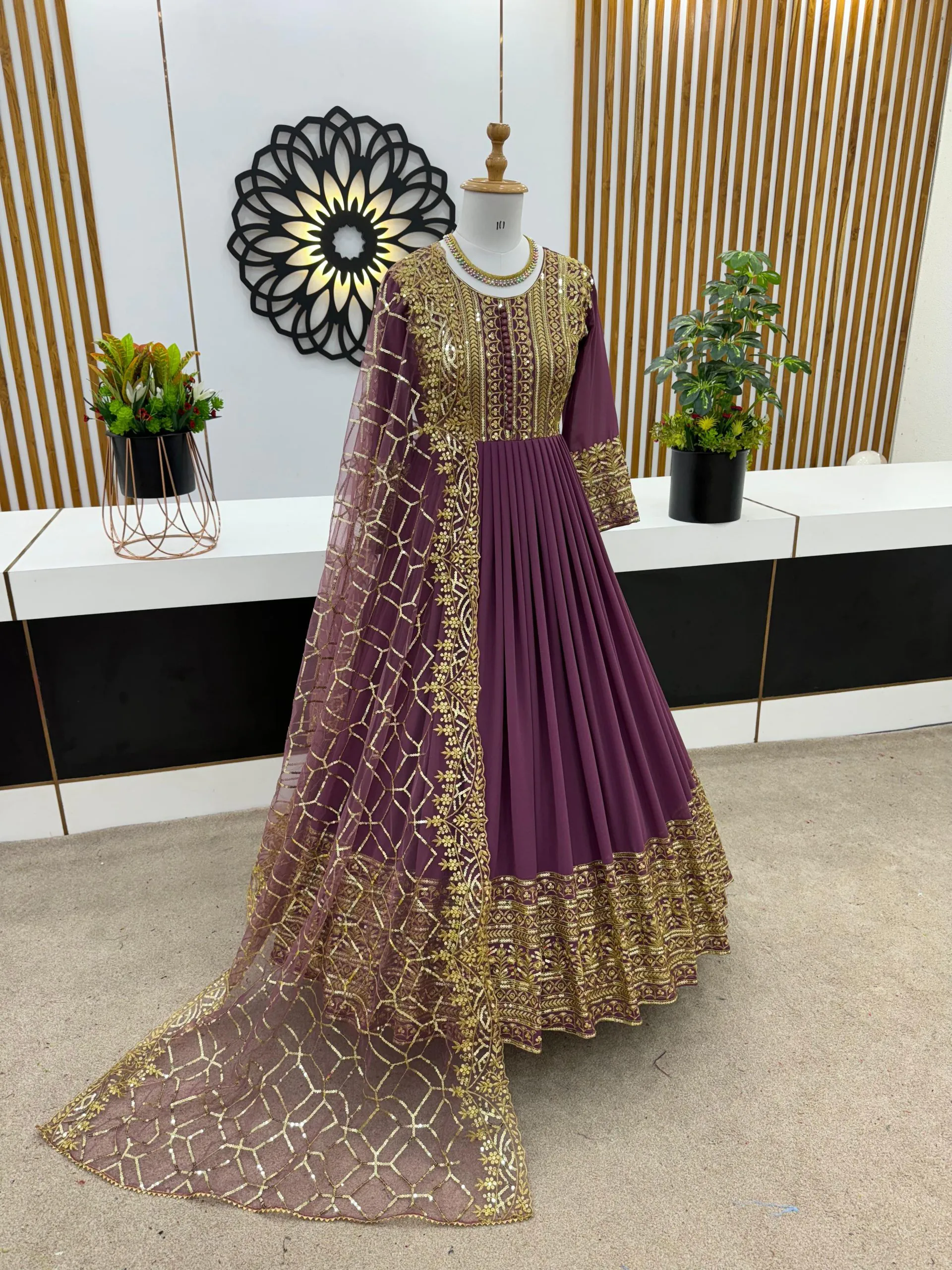 ZSR 3059 Purple Color Georgette Embroidery Sequence Work Gown Casual, Wedding, Party, Festive, Events Etc. Expected Delivery 4-6 Working Days 2049/- | Bollywood Gowns, Creative Gowns, Designer Gowns, Embroidered Gowns, Gowns, Party Wear Gowns