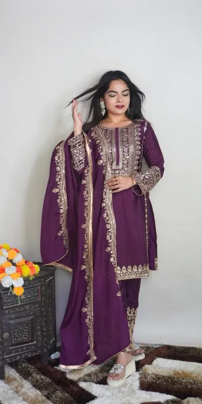 SRK 5151 Purple Color Pure Chinnon Silk Embroidery Sequence Salwar Suit Wedding, Party, Festive, Events Expected Delivery 4-6 Working Days @ 1949/- | Casual Suits, Creative suits, Jump Suits, Designer Suits, Palazzo Suits, Party Wear Suits, Patiala Suits, Salwar suit, Straight Suits