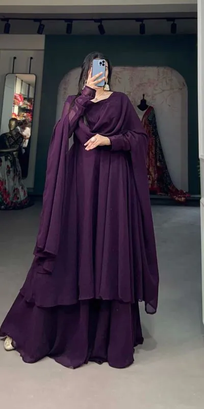 YNF3502 Wine Color Georgette Plain Top Plain Plaza And Dupatta Casual, Wedding, Party, Festive, Events Etc.  Expected Delivery  4-6 Working Days @1999/- | Jump Suits, Casual Suits, Creative suits, Designer Suits, Palazzo Suits, Party Wear Suits, Patiala Suits, Salwar suit, Straight Suits