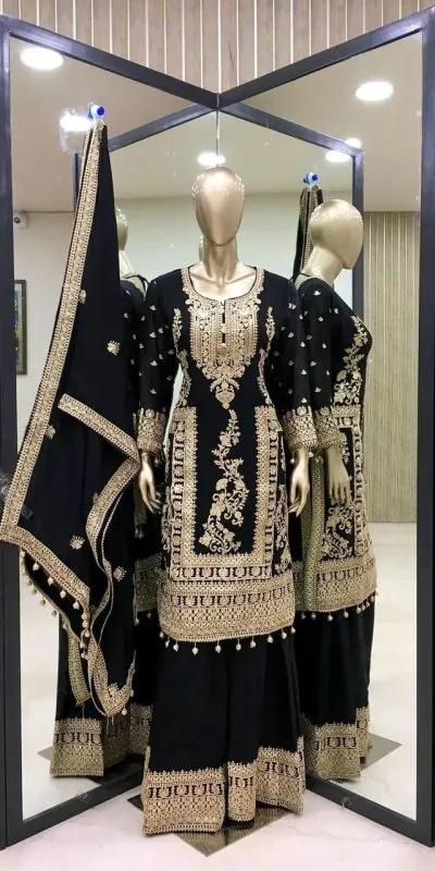 SRK 5146 Black Color Pure Chinnon Silk Embroidery Coding Dori Salwar Suit Wedding, Party, Festive, Events Expected Delivery 4-6 Working Days @ 2199/- | Casual Suits, Jump Suits, Creative suits, Designer Suits, Palazzo Suits, Party Wear Suits, Patiala Suits, Salwar suit, Straight Suits