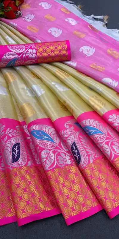 MB™️  3243 Golden Color Soft Organic Tissue Silk Saree Gold ,Silver Zari Weaving Casual, Party Wear, Festival, Events, Etc. Delivery 4-6 Working Days @1550/- | Bollywood Sarees, Creative Sarees, Designer Sarees, Embroidered Sarees, Ethnic Saree, Modern Digital sarees, Party Wear Sarees, Sarees