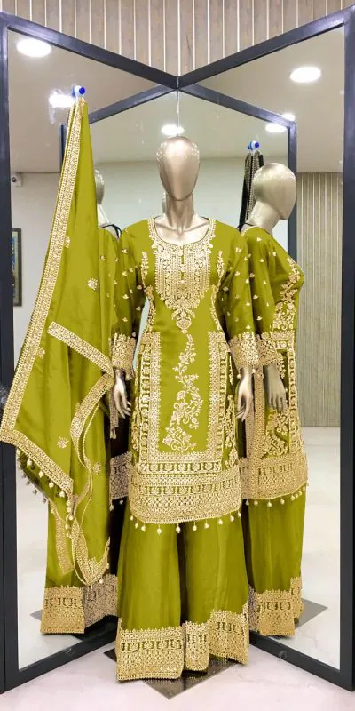 SRK 5146 Green Color Pure Chinnon Silk Embroidery Coding Dori Salwar Suit Wedding, Party, Festive, Events Expected Delivery 4-6 Working Days @ 2199/- | Casual Suits, Jump Suits, Creative suits, Designer Suits, Palazzo Suits, Party Wear Suits, Patiala Suits, Salwar suit, Straight Suits