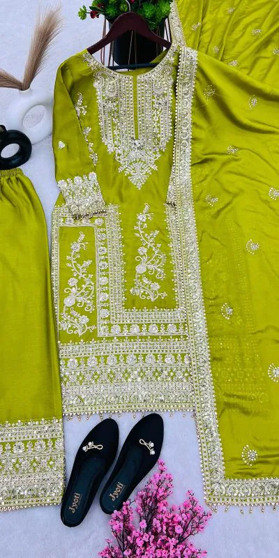 SRK 5146 Green Color Pure Chinnon Silk Embroidery Coding Dori Salwar Suit Wedding, Party, Festive, Events Expected Delivery 4-6 Working Days @ 2199/- | Casual Suits, Jump Suits, Creative suits, Designer Suits, Palazzo Suits, Party Wear Suits, Patiala Suits, Salwar suit, Straight Suits