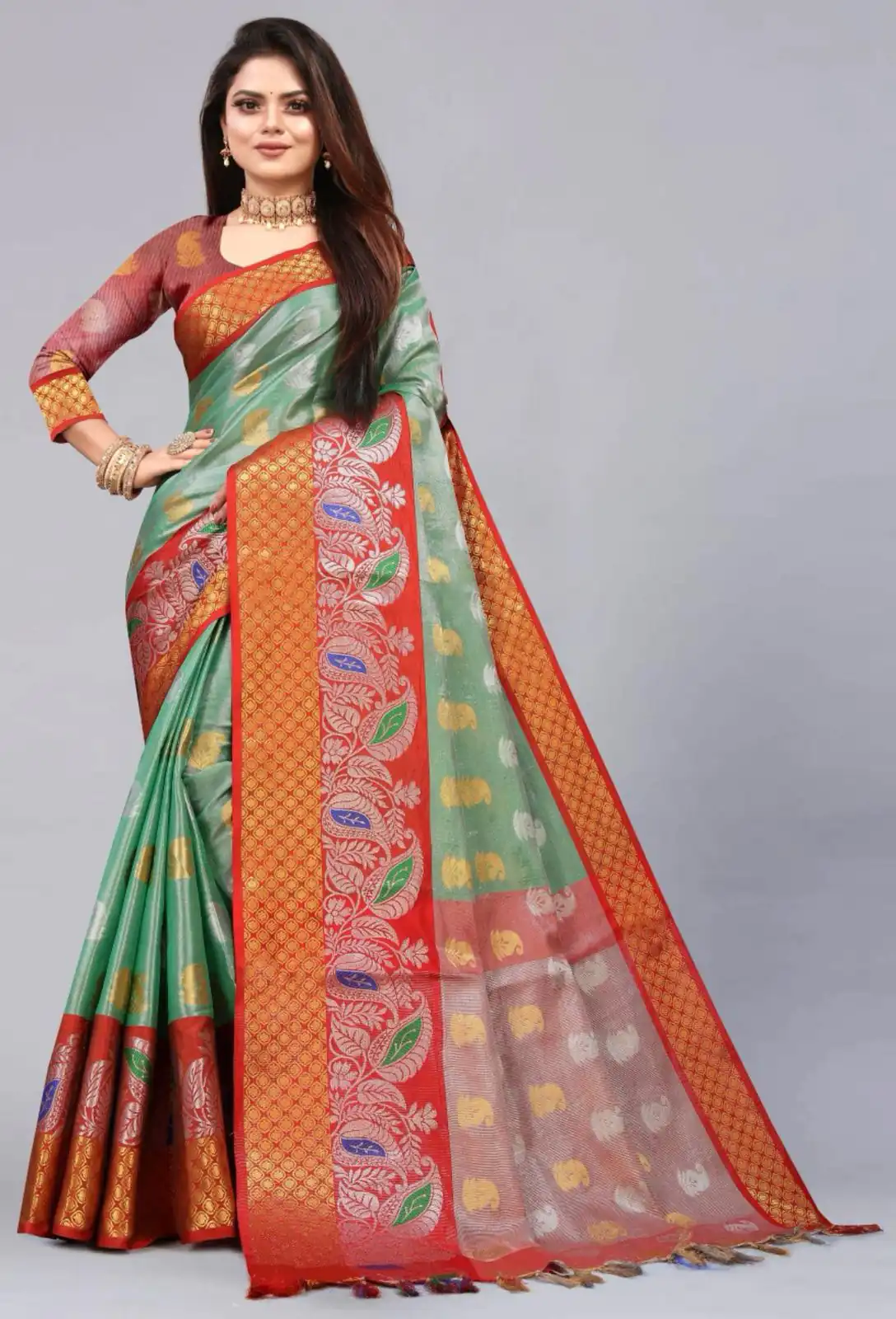 MB™️  3243 Green Color Soft Organic Tissue Silk Saree Gold ,Silver Zari Weaving Casual, Party Wear, Festival, Events, Etc. Delivery 4-6 Working Days @1550/- | Bollywood Sarees, Creative Sarees, Designer Sarees, Embroidered Sarees, Ethnic Saree, Modern Digital sarees, Party Wear Sarees, Sarees