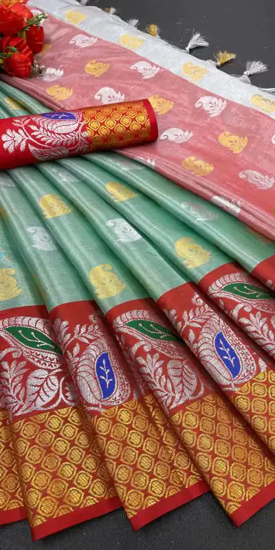 MB™️  3243 Green Color Soft Organic Tissue Silk Saree Gold ,Silver Zari Weaving Casual, Party Wear, Festival, Events, Etc. Delivery 4-6 Working Days @1550/- | Bollywood Sarees, Creative Sarees, Designer Sarees, Embroidered Sarees, Ethnic Saree, Modern Digital sarees, Party Wear Sarees, Sarees