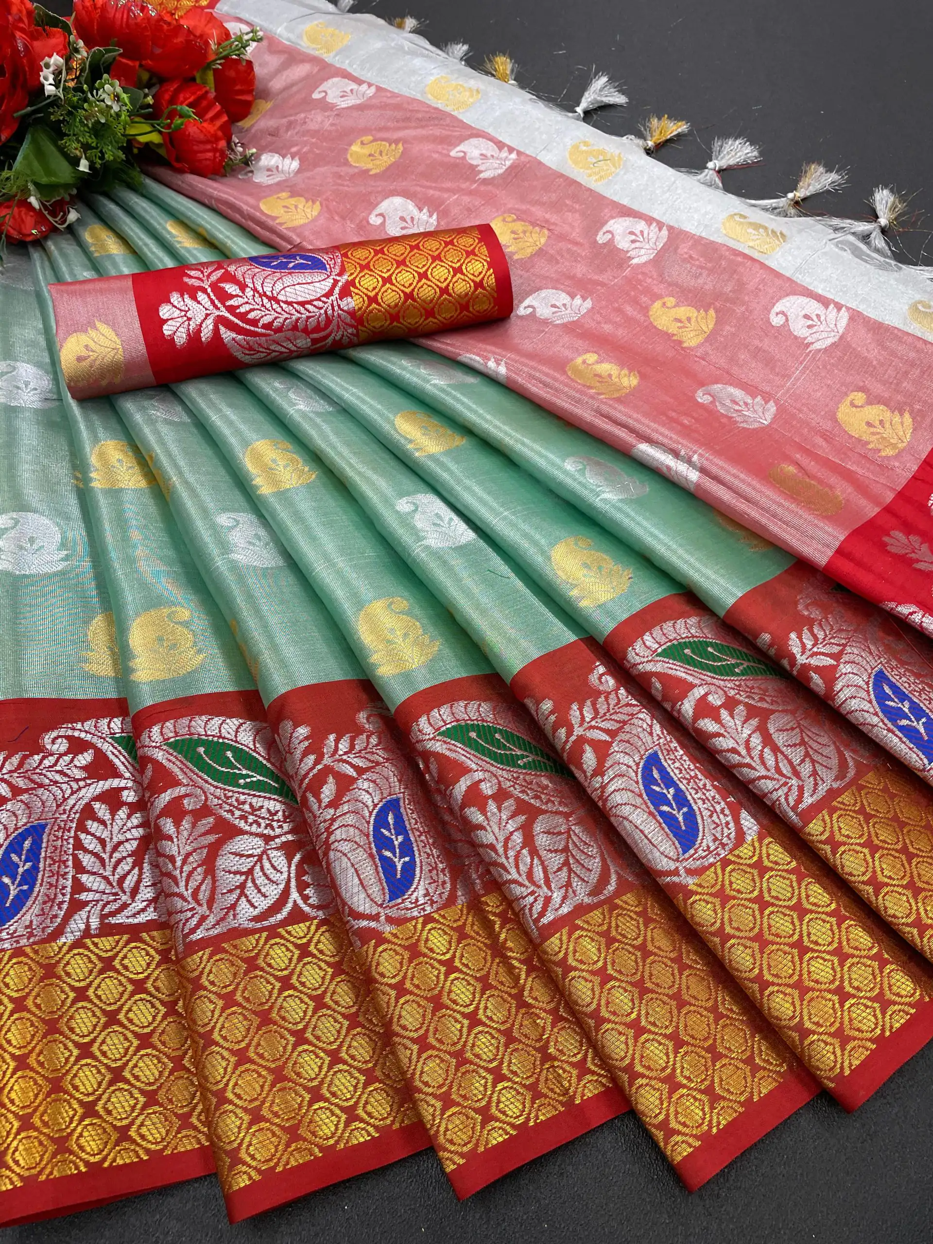 MB™️  3243 Green Color Soft Organic Tissue Silk Saree Gold ,Silver Zari Weaving Casual, Party Wear, Festival, Events, Etc. Delivery 4-6 Working Days @1550/- | Bollywood Sarees, Creative Sarees, Designer Sarees, Embroidered Sarees, Ethnic Saree, Modern Digital sarees, Party Wear Sarees, Sarees