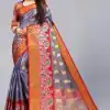 Fancy Grey Color Organic Tissue Silk Gold Zari Weaving Saree