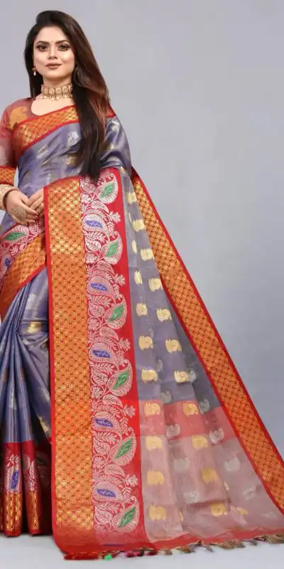 MB™️  3243 Grey Color Soft Organic Tissue Silk Saree Gold ,Silver Zari Weaving Casual, Party Wear, Festival, Events, Etc. Delivery 4-6 Working Days @1550/- | Bollywood Sarees, Creative Sarees, Designer Sarees, Embroidered Sarees, Ethnic Saree, Modern Digital sarees, Party Wear Sarees, Sarees
